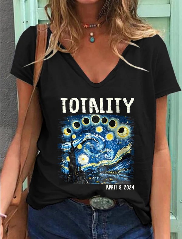 V-Neck Retro Starry Night & Totality Solar Eclipse Of April 8, 2024 Print T-Shirt